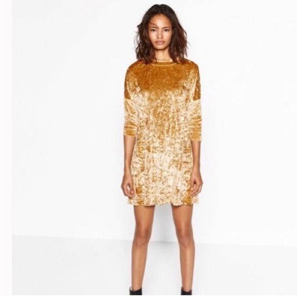 Zara Gold Crushed Velvet Dress size S - Picture 1 of 6